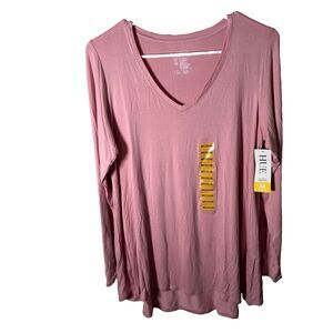 Hue T-Shirt Women's Medium Pink V-Neck Solid Long Sleeve Basic Casual Top
